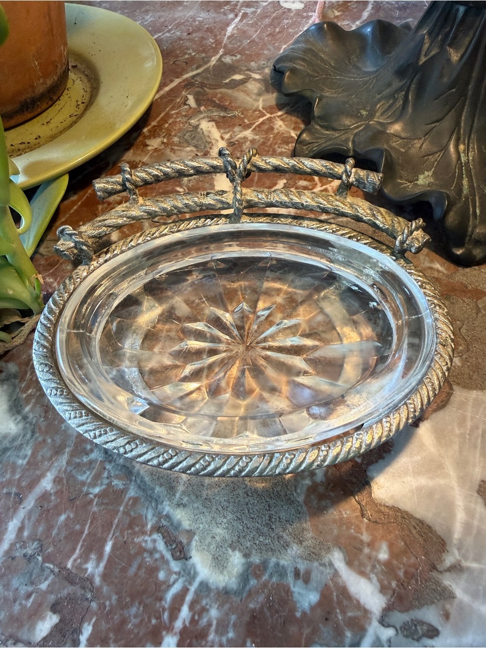 Vintage Pressed Glass Soap Dish with Rustic Silver-Tone Metal Rope Frame